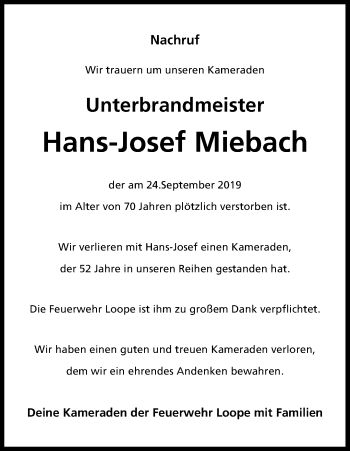 Anzeige von Hans-Josef Miebach von Kölner Stadt-Anzeiger / Kölnische Rundschau / Express