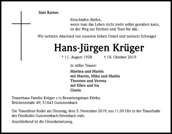 Anzeige von Hans-Jürgen Krüger von Kölner Stadt-Anzeiger / Kölnische Rundschau / Express