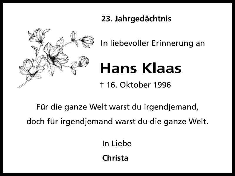  Traueranzeige für Hans Klaas vom 18.07.2023 aus Kölner Stadt-Anzeiger / Kölnische Rundschau / Express