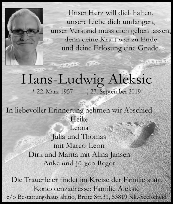 Anzeige von Hans-Ludwig Aleksic von Kölner Stadt-Anzeiger / Kölnische Rundschau / Express