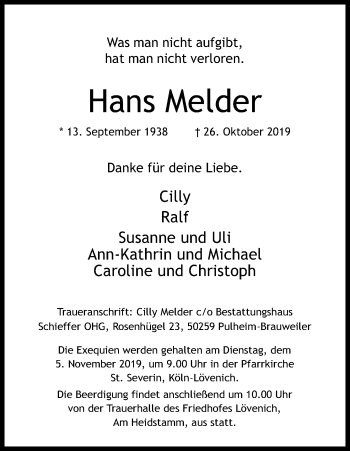 Anzeige von Hans Melder von Kölner Stadt-Anzeiger / Kölnische Rundschau / Express