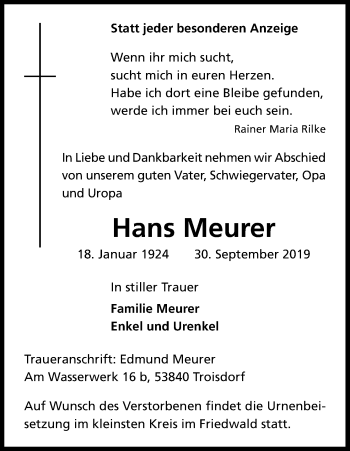 Anzeige von Hans Meurer von Kölner Stadt-Anzeiger / Kölnische Rundschau / Express