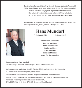 Anzeige von Hans Mundorf von Kölner Stadt-Anzeiger / Kölnische Rundschau / Express