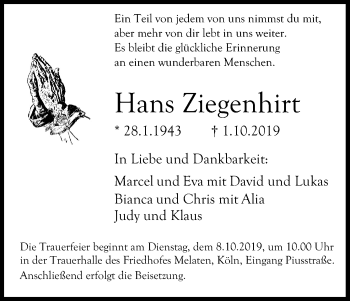 Anzeige von Hans Ziegenhirt von Kölner Stadt-Anzeiger / Kölnische Rundschau / Express