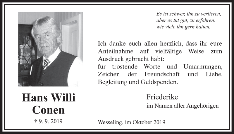  Traueranzeige für Hans Willi Conen vom 16.10.2019 aus  Schlossbote/Werbekurier 