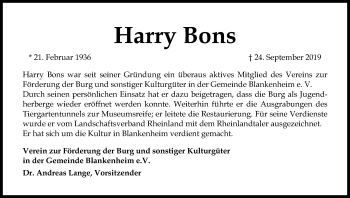 Anzeige von Harry Bons von Kölner Stadt-Anzeiger / Kölnische Rundschau / Express