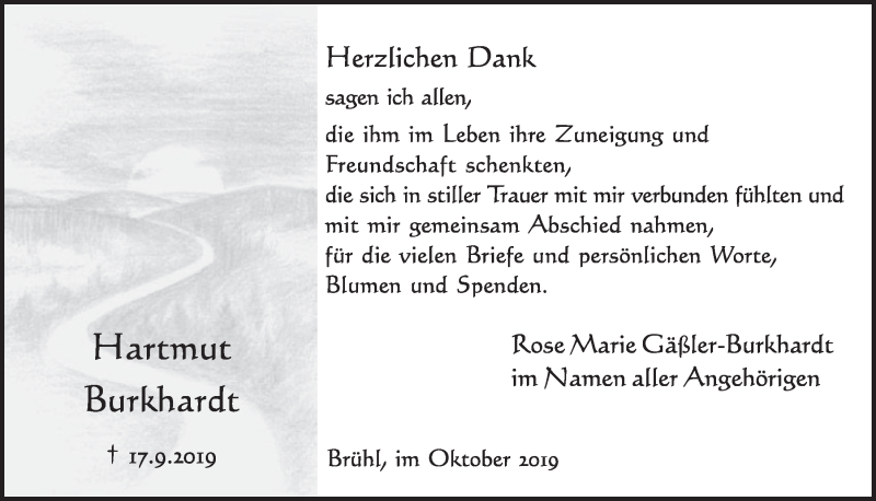  Traueranzeige für Hartmut Burkhardt vom 23.10.2019 aus  Schlossbote/Werbekurier 