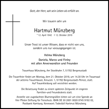 Anzeige von Hartmut Münzberg von Kölner Stadt-Anzeiger / Kölnische Rundschau / Express