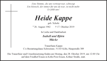 Anzeige von Heide Kappe von  Kölner Wochenspiegel 