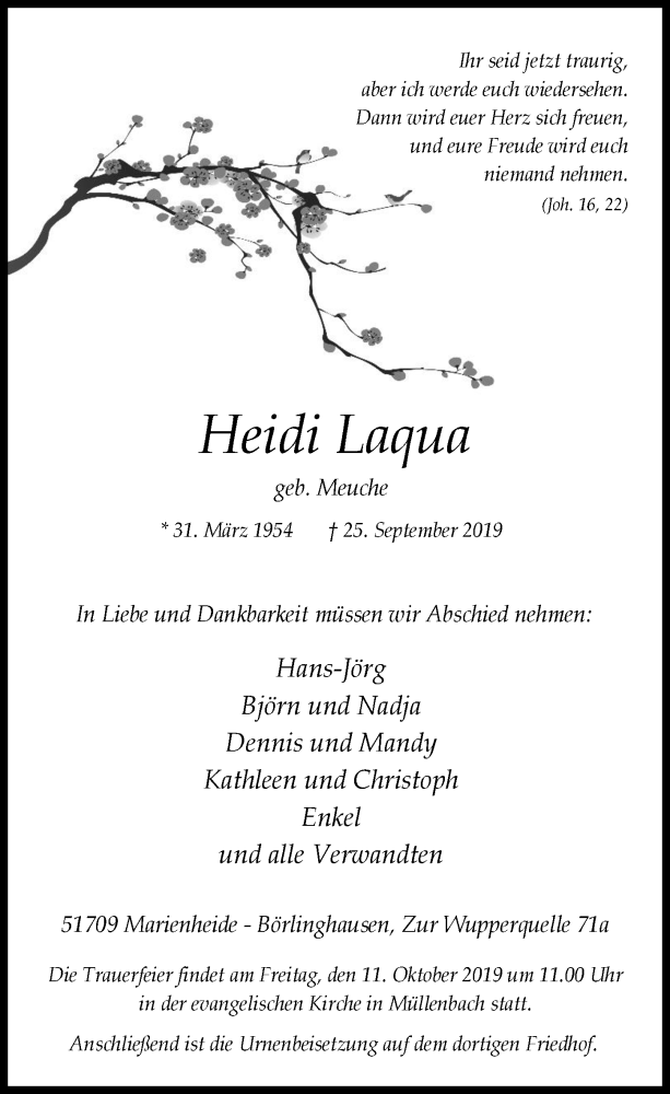  Traueranzeige für Heidi Laqua vom 09.10.2019 aus  Anzeigen Echo 