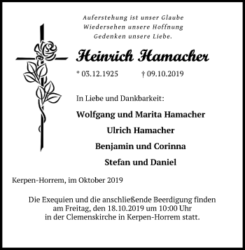 Anzeige von Heinrich Hamacher von Kölner Stadt-Anzeiger / Kölnische Rundschau / Express