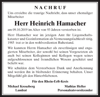 Anzeige von Heinrich Hamacher von  Wochenende  Schlossbote/Werbekurier  Werbepost 