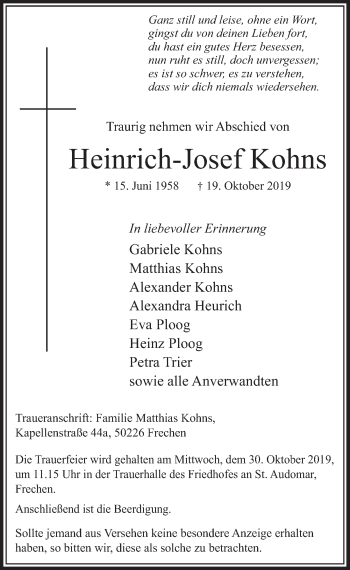 Anzeige von Heinrich-Josef Kohns von  Sonntags-Post 