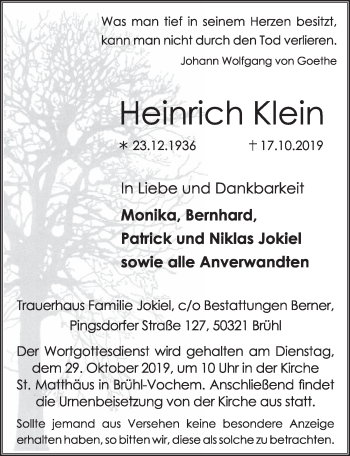 Anzeige von Heinrich Klein von  Schlossbote/Werbekurier 