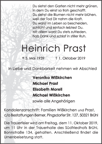 Anzeige von Heinrich Prast von  Schlossbote/Werbekurier 