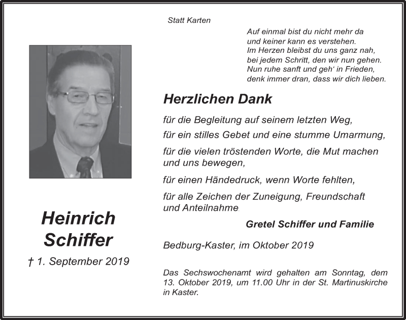  Traueranzeige für Heinrich Schiffer vom 09.10.2019 aus  Werbepost 