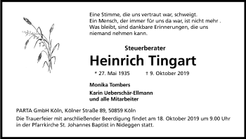 Anzeige von Heinrich Tingart von Kölner Stadt-Anzeiger / Kölnische Rundschau / Express