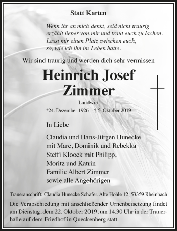 Anzeige von Heinrich Josef Zimmer von  Schaufenster/Blickpunkt 