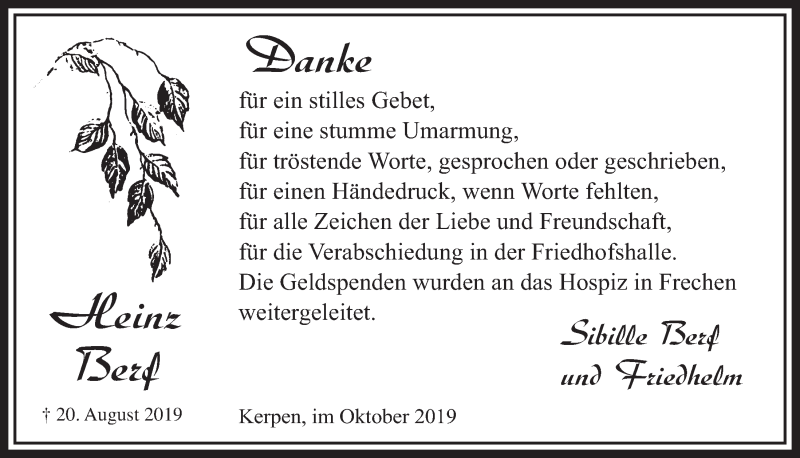  Traueranzeige für Heinz Berf vom 05.10.2019 aus  Sonntags-Post 