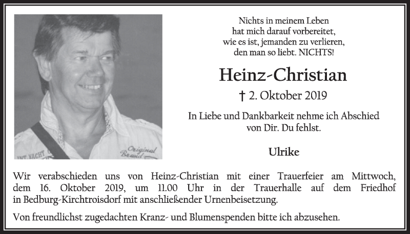  Traueranzeige für Heinz-Christian Hackenbroich vom 12.10.2019 aus  Sonntags-Post 
