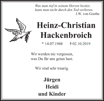Anzeige von Heinz-Christian Hackenbroich von  Sonntags-Post 