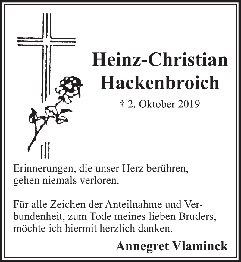  Traueranzeige für Heinz-Christian Hackenbroich vom 26.10.2019 aus  Sonntags-Post 