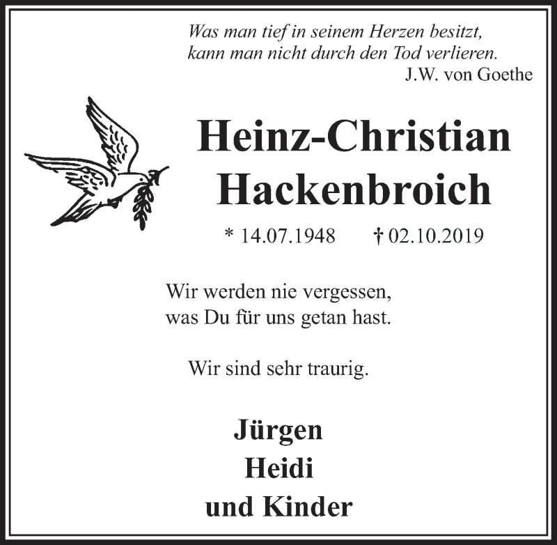  Traueranzeige für Heinz-Christian Hackenbroich vom 12.10.2019 aus  Sonntags-Post 