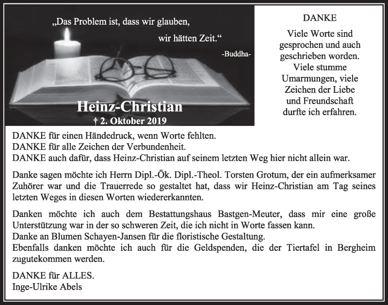  Traueranzeige für Heinz-Christian Hackenbroich vom 26.10.2019 aus  Sonntags-Post 