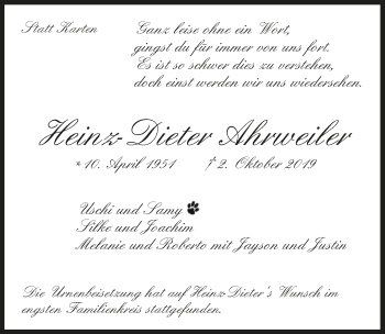 Anzeige von Heinz-Dieter Ahrweiler von  Bergisches Handelsblatt 