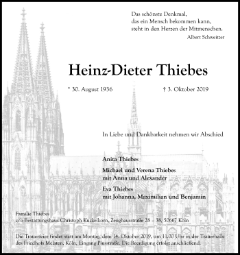 Anzeige von Heinz-Dieter Thiebes von Kölner Stadt-Anzeiger / Kölnische Rundschau / Express
