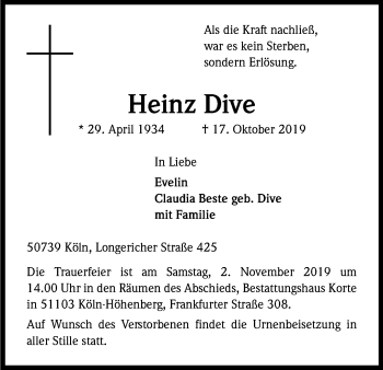 Anzeige von Heinz Dive von Kölner Stadt-Anzeiger / Kölnische Rundschau / Express