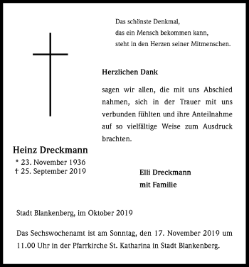 Anzeige von Heinz Dreckmann von Kölner Stadt-Anzeiger / Kölnische Rundschau / Express