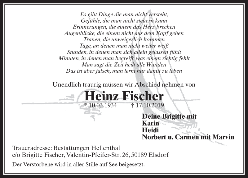  Traueranzeige für Heinz Fischer vom 23.10.2019 aus  Werbepost 