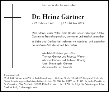 Anzeige von Heinz Gärtner von Kölner Stadt-Anzeiger / Kölnische Rundschau / Express