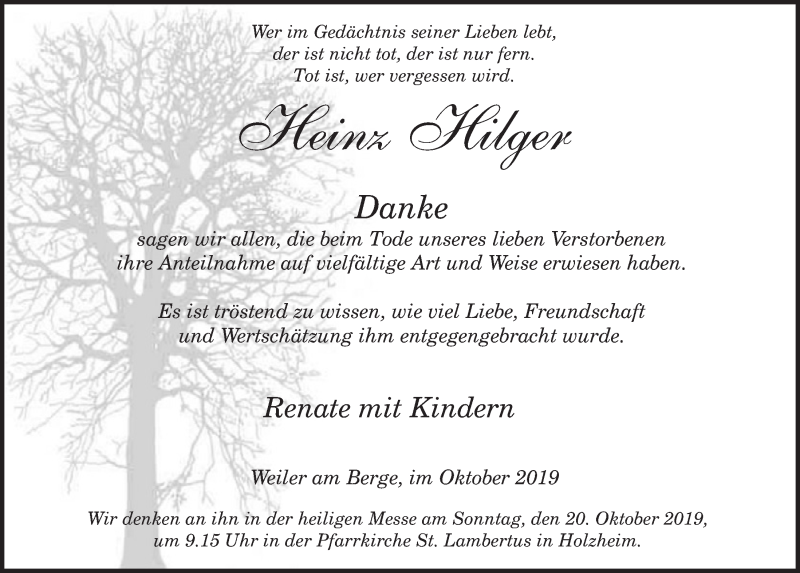  Traueranzeige für Heinz Hilger vom 05.10.2019 aus  Blickpunkt Euskirchen 