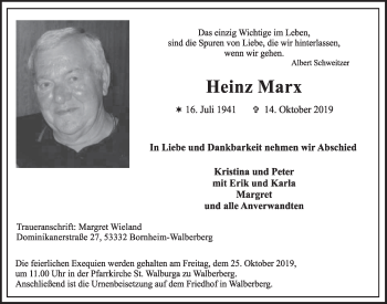 Anzeige von Heinz Marx von  Schlossbote/Werbekurier 