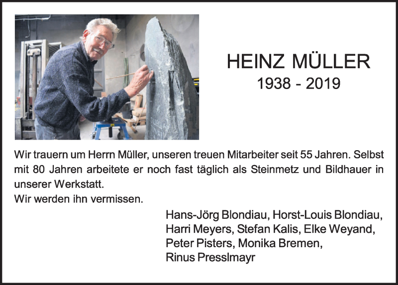  Traueranzeige für Heinz Müller vom 23.10.2019 aus  Schlossbote/Werbekurier 