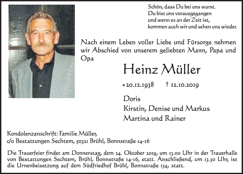  Traueranzeige für Heinz Müller vom 23.10.2019 aus  Schlossbote/Werbekurier 