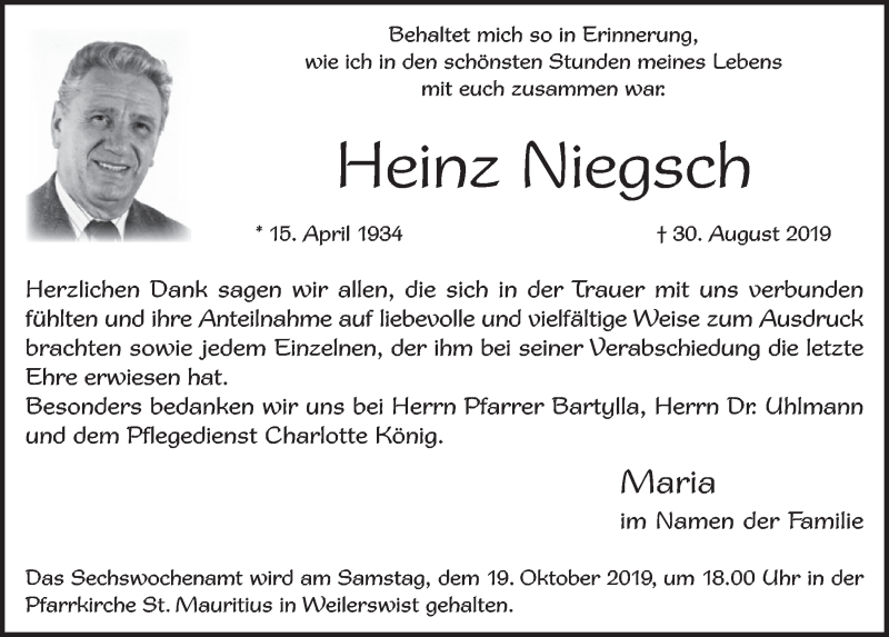  Traueranzeige für Heinz Niegsch vom 05.10.2019 aus  Blickpunkt Euskirchen 