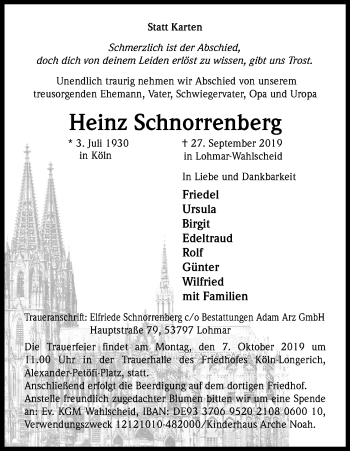 Anzeige von Heinz Schnorrenberg von Kölner Stadt-Anzeiger / Kölnische Rundschau / Express