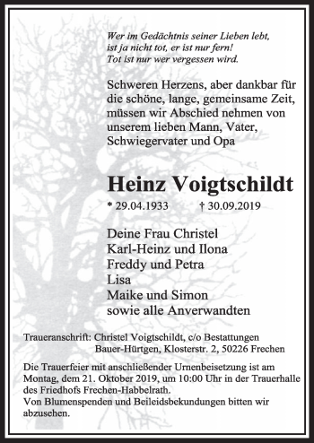 Anzeige von Heinz Voigtschildt von  Sonntags-Post 