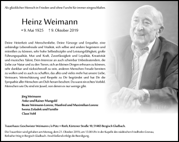 Anzeige von Heinz Weimann von Kölner Stadt-Anzeiger / Kölnische Rundschau / Express