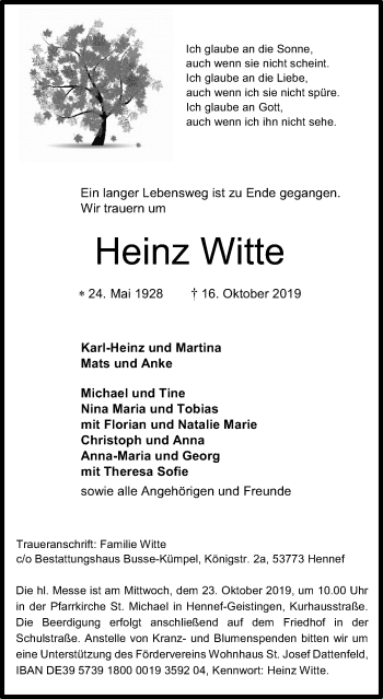 Anzeige von Heinz Witte von Kölner Stadt-Anzeiger / Kölnische Rundschau / Express