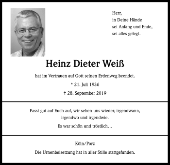 Anzeige von Heinz Dieter Weiß von Kölner Stadt-Anzeiger / Kölnische Rundschau / Express