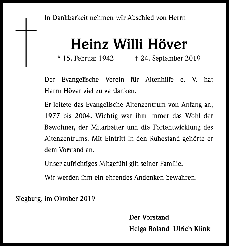  Traueranzeige für Heinz Willi Höver vom 05.10.2019 aus Kölner Stadt-Anzeiger / Kölnische Rundschau / Express