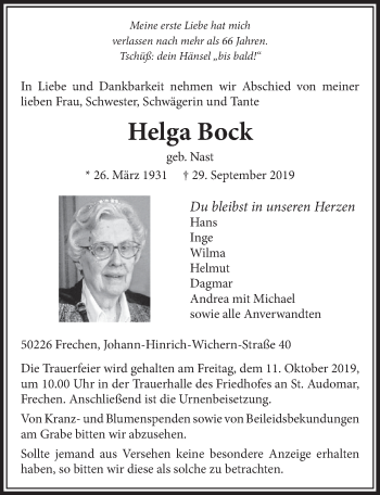 Anzeige von Helga Bock von  Sonntags-Post 