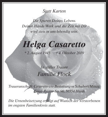 Anzeige von Helga Casaretto von  Wochenende 