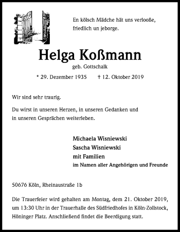 Anzeige von Helga Koßmann von Kölner Stadt-Anzeiger / Kölnische Rundschau / Express
