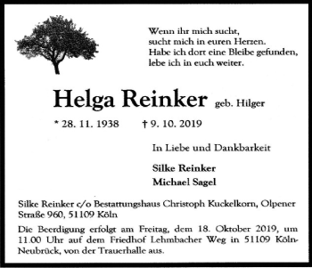 Anzeige von Helga Reinker von Kölner Stadt-Anzeiger / Kölnische Rundschau / Express
