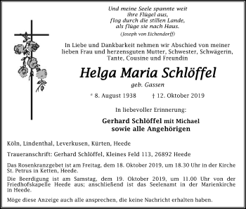 Anzeige von Helga Maria Schlöffel von Kölner Stadt-Anzeiger / Kölnische Rundschau / Express